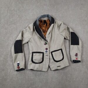 Desigual Jacket Womens 38 Beige Wool Blend Art Lining Heart Embroidered